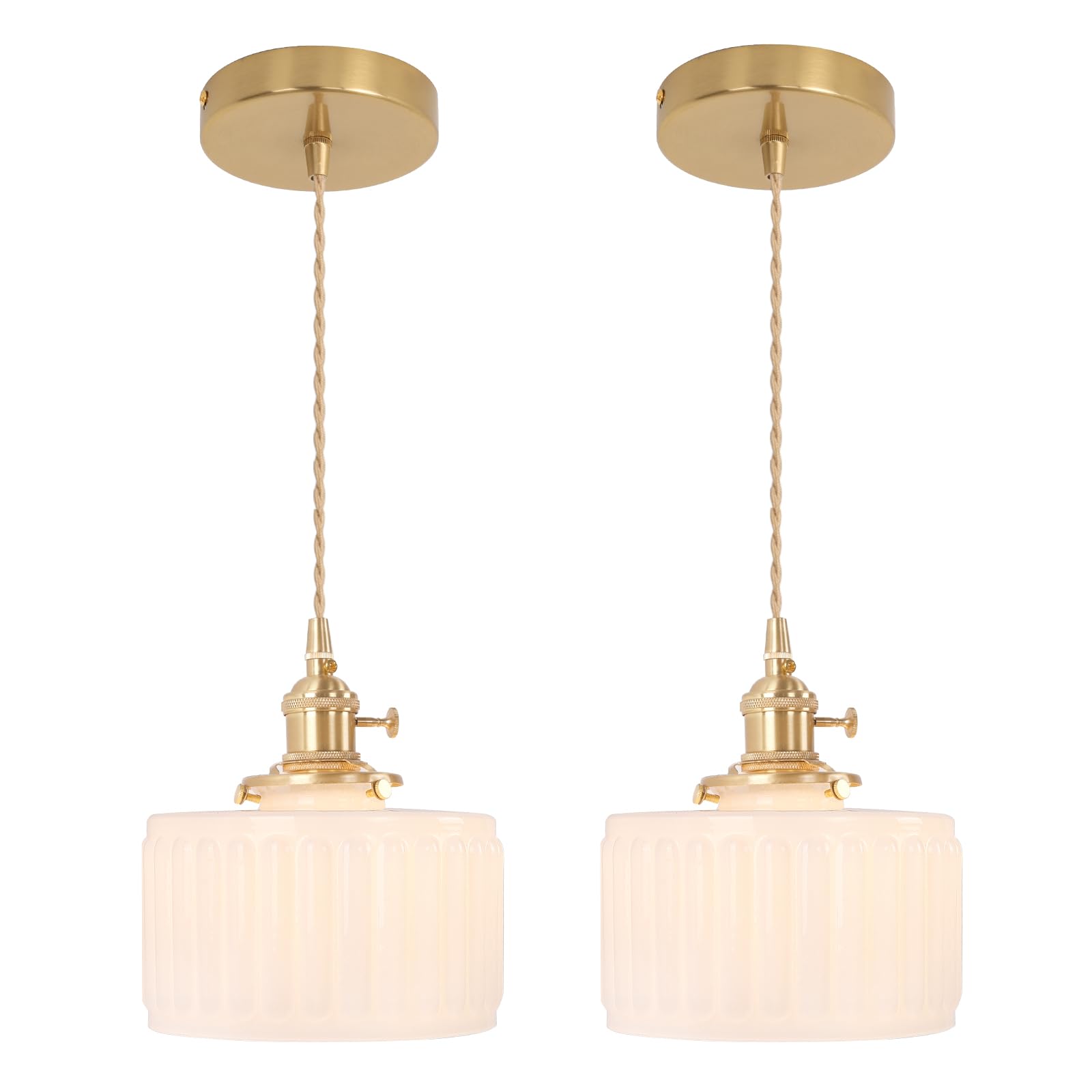 Shenmoyl Pendant Light 2 Pack with White Striped Glass Lampshade, Brass Vintage Pendant Light Adjustable Hanging Light for Kitchen Island Dining Room Hallway