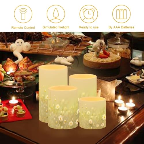 Image of Flameless Candles Battery Powered LED Pillar Candles Tealights with Remote Timer Color Changing Control for Indoor Outdoor Home Tabletop Decoration Set of 4, Daisy Floral Green