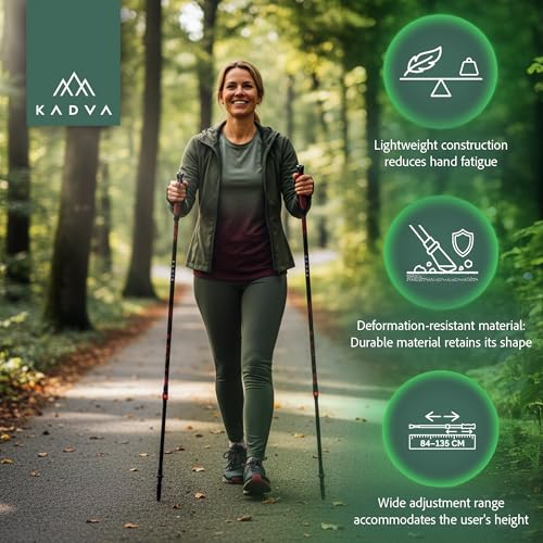 KADVA HALNA Nordic Walking Stöcke in Rot, verstellbare Größe 84-135 cm Quick Lock System für stabile und sichere Fixierung des Griffs aus strapazierfähigem PP und TPR