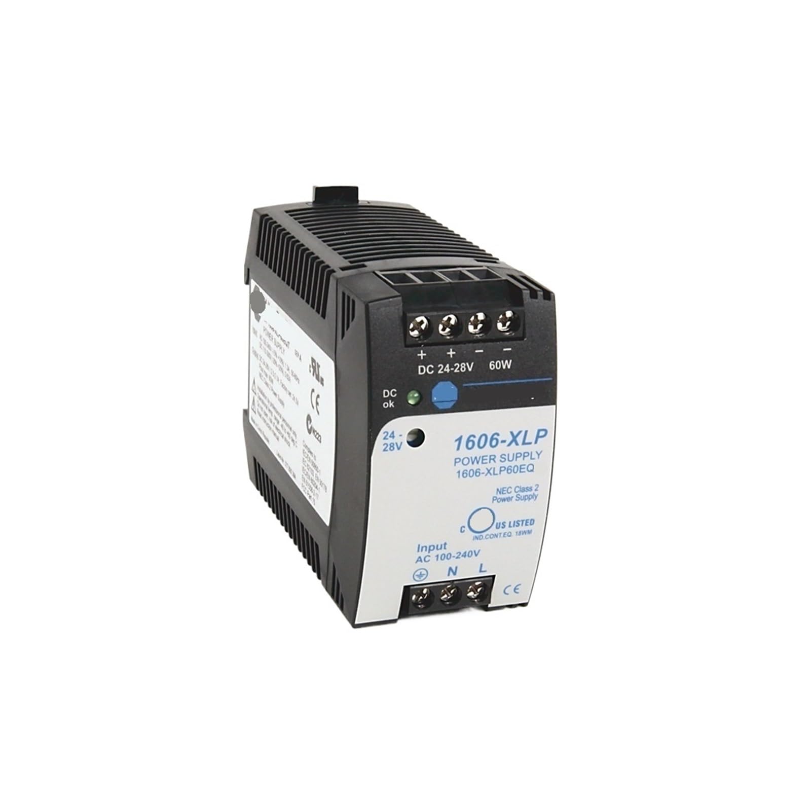 X psblty Compact Switching Power Supply 1606-XLP60EQ Output: 24–28 VDC, Adjustable; 60 W; Input: 100–240 VAC