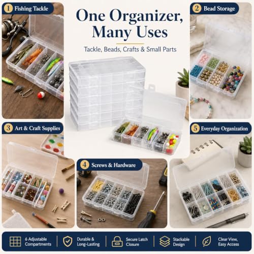 Set de 10 cajas organizadoras pequeñas transparentes para pesca, 8.2 x 4.6 x 1.3 pulgadas, almacenamiento plástico transparente para accesorios de pesca, cuentas, tornillos y manualidades miniatura 7