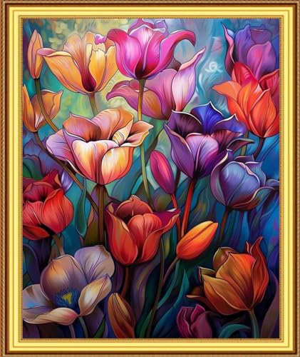 Image of Foxnyart Stamped Cross Stitch Kits Full Range of Embroidery Needlework Starter Kits for Beginners Adults 11CT Embroidery Patterns Art Crafts DIY Needlepoint Kit-Colorful Flowers 16x20 inchs