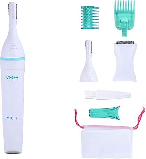 Vega Silk Touch Trimmer with Bikini Head, 2 sided Trimming Head with 2 Comb Attachement Battery Operated for Eyebrow, Underarms & Bikini Trimmer for Women, (VHBT-01)