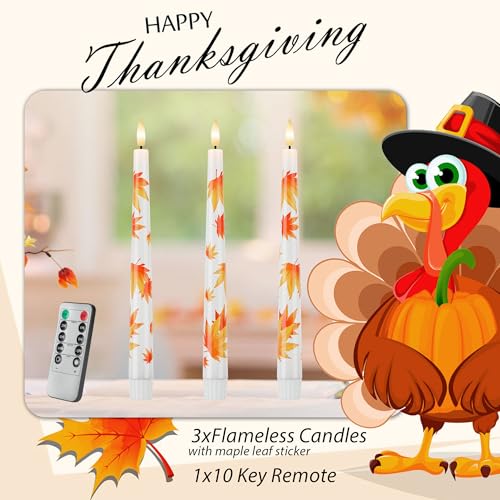 Image of Fall Flameless Taper Candles, 9.6 inch Maple Leaf Battery Operated Candles with Remote, Real Wax Autumn Led Candle, Flickering Candlesticks for Fall, Thanksgiving, Harvest, Halloween Decor, 3 Pack