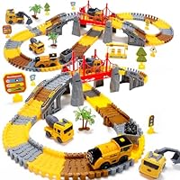 EagleStone Construction Track Set for Kids,206 PCS Flexible Race Tracks with 1 Electric Train,Excavator,Dump Truck, Cement Mixer, DIY Railway Toy Playset for Boys & Girls Ages 3-8 Gifts