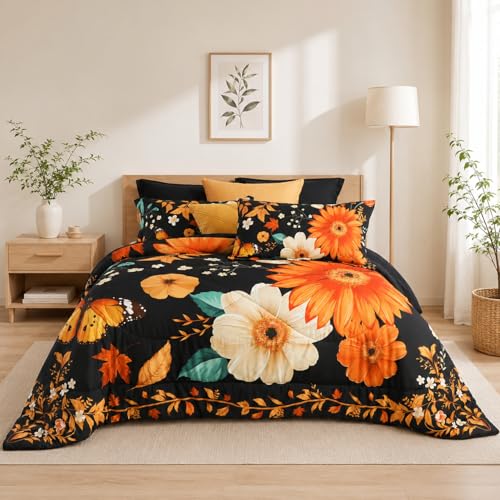 Image of BOV Textile Black Floral Comforter Set, Queen, 7-Piece Bed in a Bag | 7-Piece Queen Bed in a Bag with a 90 x 90 in Puffy Comforter, Floral Shams, Sheets, Pillowcases and 14 in Fitted Sheet
