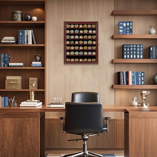 Image of Jinchuan Military Challenge Coin Display Case Lockable Cabinet Rack Holder Shadow Box with Removable 2 Grooves Shelves and Anti Dust Door for Casino Poker Chips Collectibles, Large - Mahogany