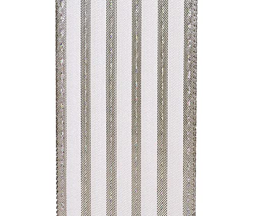 Image of Metallic Silver Striped Christmas Ribbon - 2 1 /2 inch x 10 Yards, Wired Edge, Wreath, Wedding, NYE, Gift Wrapping, Garland, Anniversary, Reception