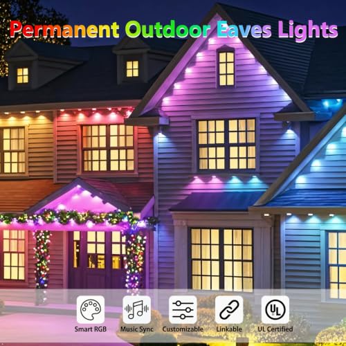 Image of Permanent Outdoor Lights 100ft - Smart Rgb Underglow Lights for House | Wifi Connection, 72 Scene Modes, Music Capture, Voice Control String Lights Under Eave for Party, Halloween, Christmas