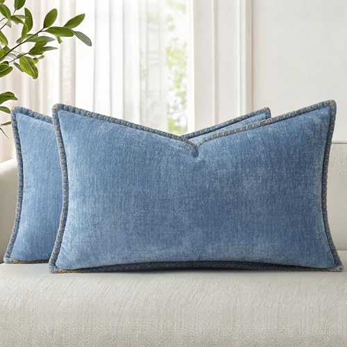 Image of decorUhome Fall Chenille Soft Cozy Throw Pillow Covers 12x20 Set of 2, Modern Farmhouse Boho Velvet Decorative Pillow Cases with Stitched Edge for Couch Sofa Bed Home Decor, Blue