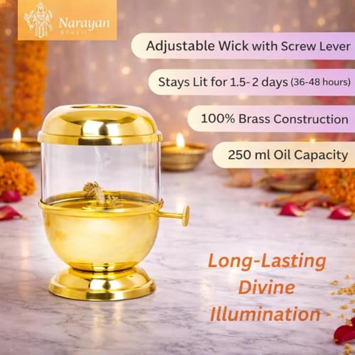 Image of Brass akhand Diya, Big Size 250ml | 12 Long Wicks Included | with Wick-Lifting Screw Lever & Borosilicate Glass - Long Burning Oil lamp | deepam for mandir, Home Temple & Festive Use