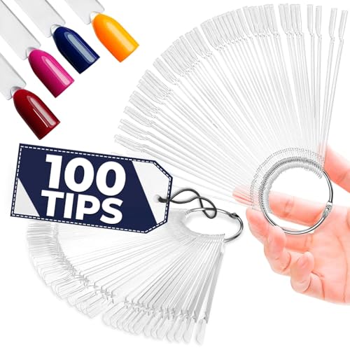 100 Pcs Nail Swatch Sticks - Clear Swatches for Gel Polish - Transparent Acrylic Practice Tips with Metal Rings | Suitable for Adding Designs Rhinestones Charms & Compatible with Silk Nail Wrap
