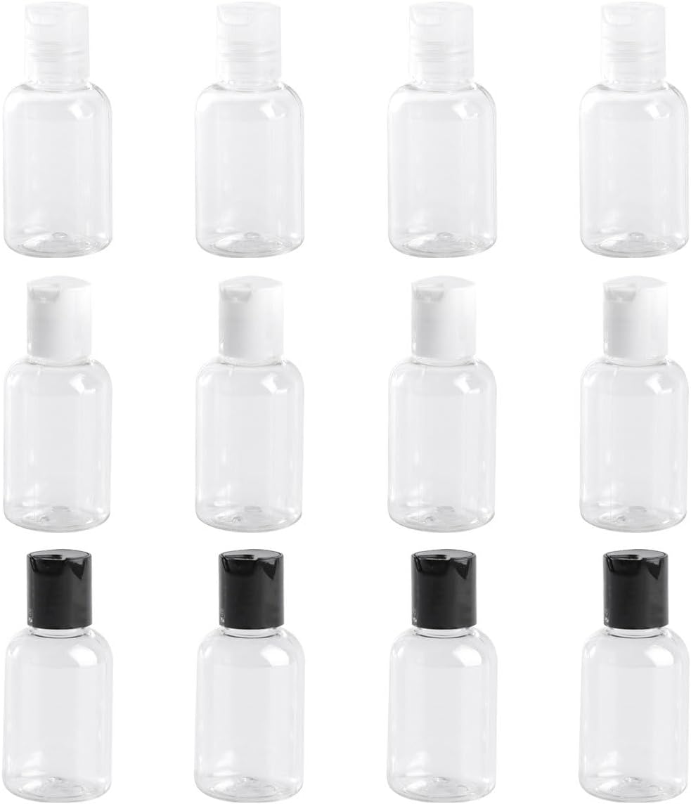 12pcs 50ml Plastic Lotion Bottles with Press Disc Caps, Refillable Soap Dispensers for Travel Toiletries, Portable Container Set for Shampoo, Skin Care, and Massage Oils Random