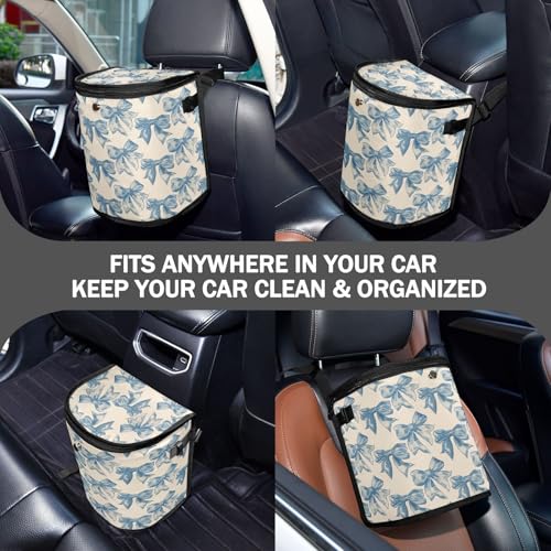 Image of Car Trash Can Blue Bow Car Garbage Bag with Lid Hanging Waterproof Leak Proof Vehicle Storage Bin