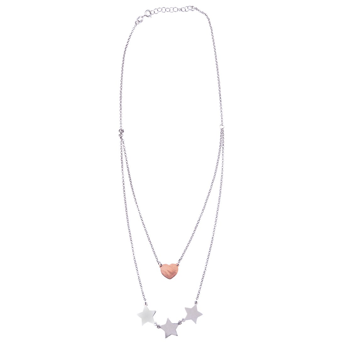 GIOIELLI COLLANA A PIù FILI COLLANA STELLINE STELLA SILVER ARGENTO 925 E CUORE. COLLANA CON STELLINE E CUORE COLLANA DONNA GIROCOLLO 42 CM