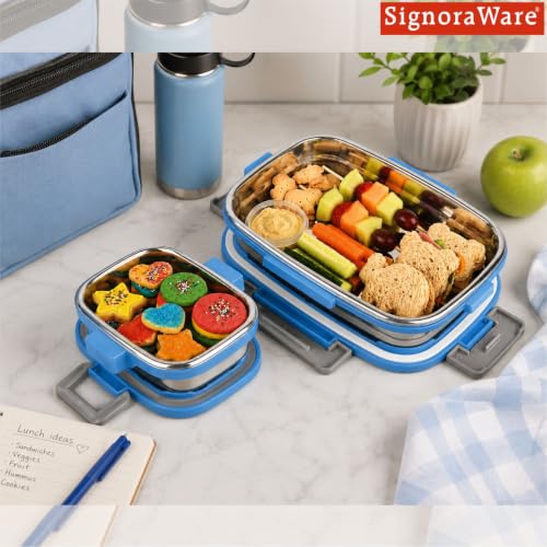 Image of SignoraWare Quickmeal Stainless Steel Big Lunch Box,(900ml+160ml, Blue), Airtight & Leakproof, Portion Control, Easy to Carry, Ideal for Office, School, Kids & Travel