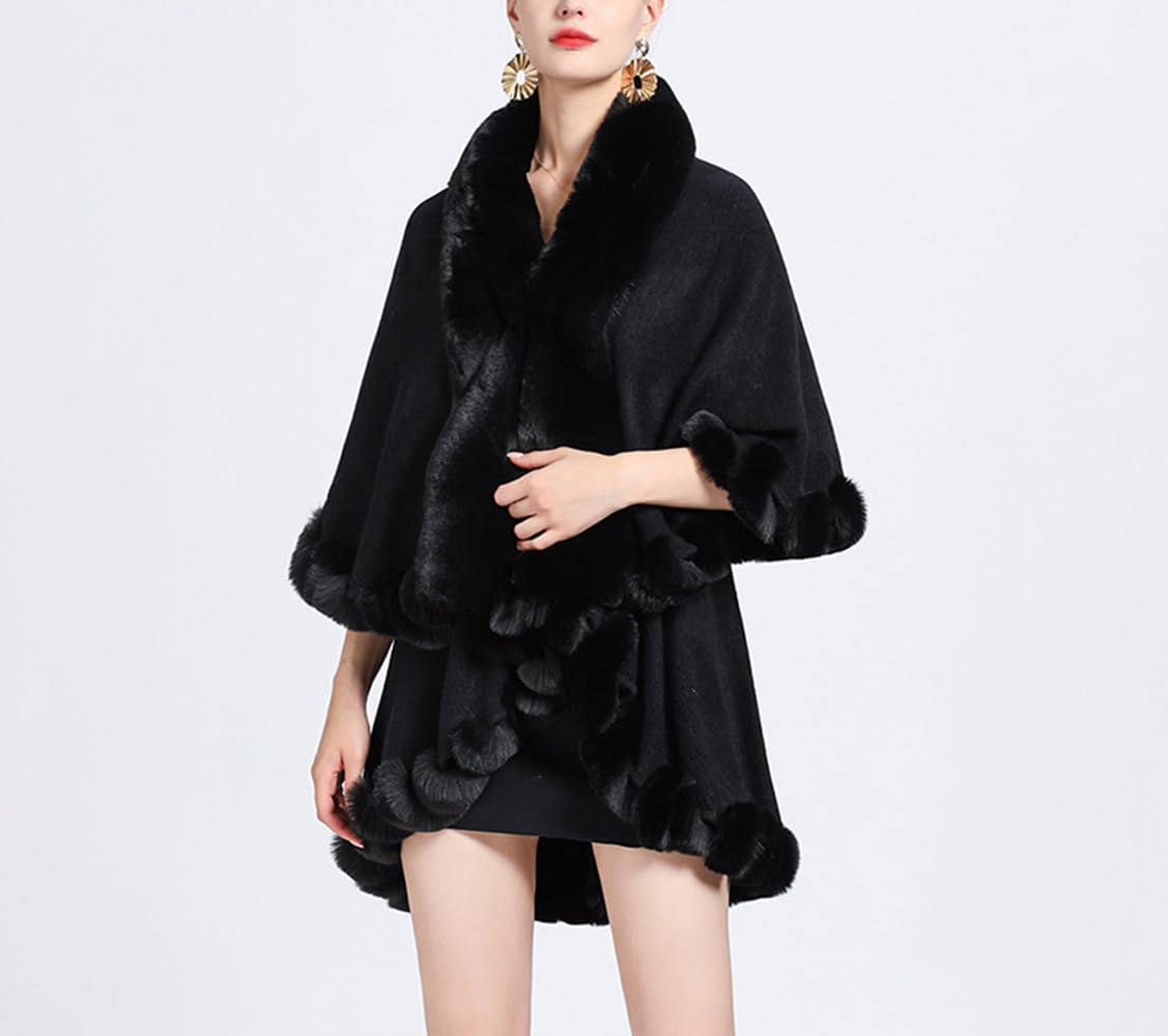 Damen Winter Umhang Mantel Elegant Kunstpelzkragen Warm Poncho Cape Komfortabel Schal Plüsch Strickjacke