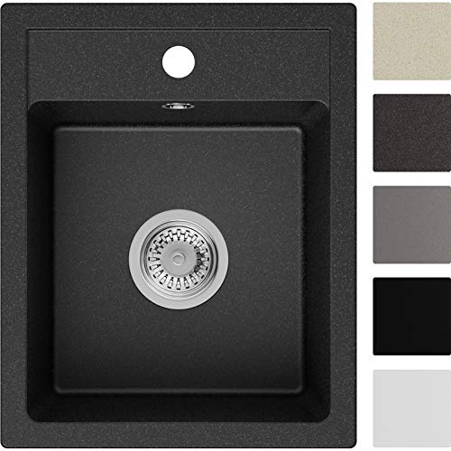 Spülbecken Graphit 40 x 50 cm, Granitspüle + Siphon Klassisch, Küchenspüle ab 40er Unterschrank in 5 Farben mit Siphon und Antibakterielle Varianten,