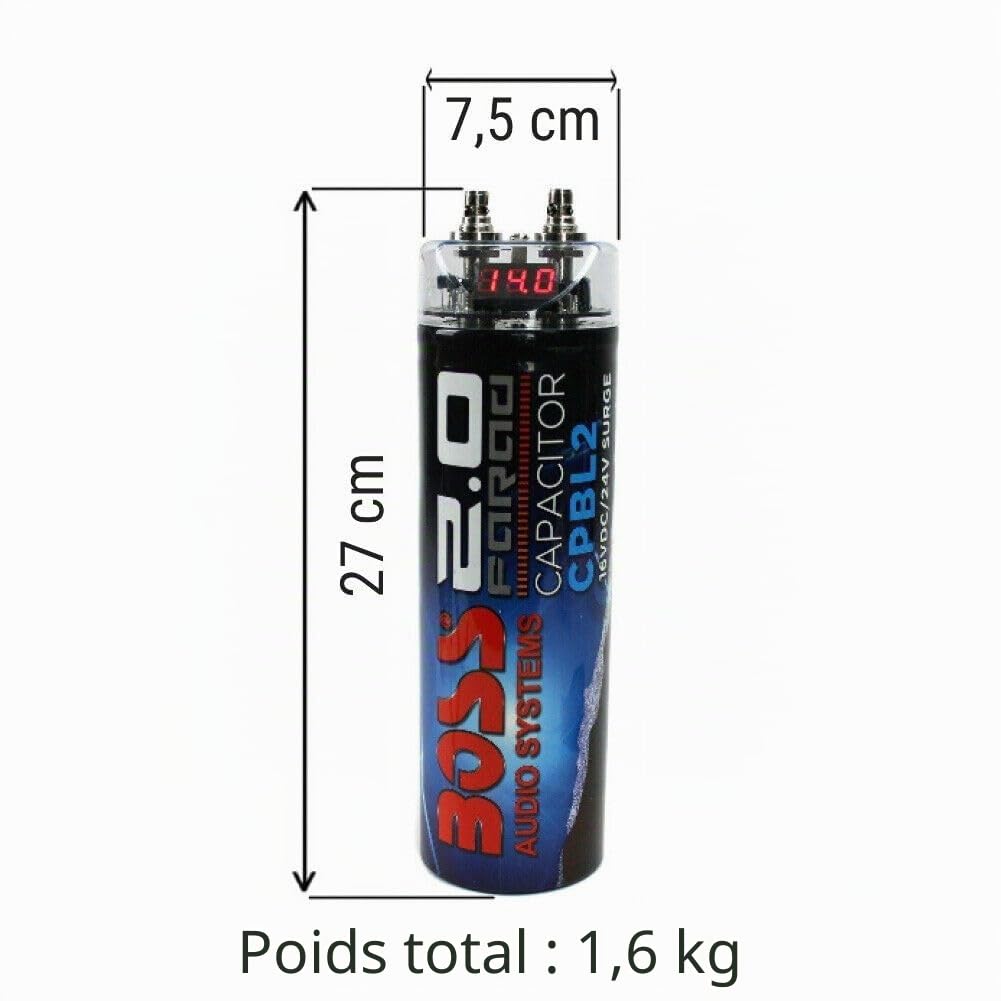 KIT SET POUR BOSS AUDIO SYSTEMS CPBL2 1 condensateur 2 systèmes farad jusqu'à 2000 watts rms 1 2 3 4 5 10 condensateur avec câble d'allumage remote spl voiture noir, 1 pièce
