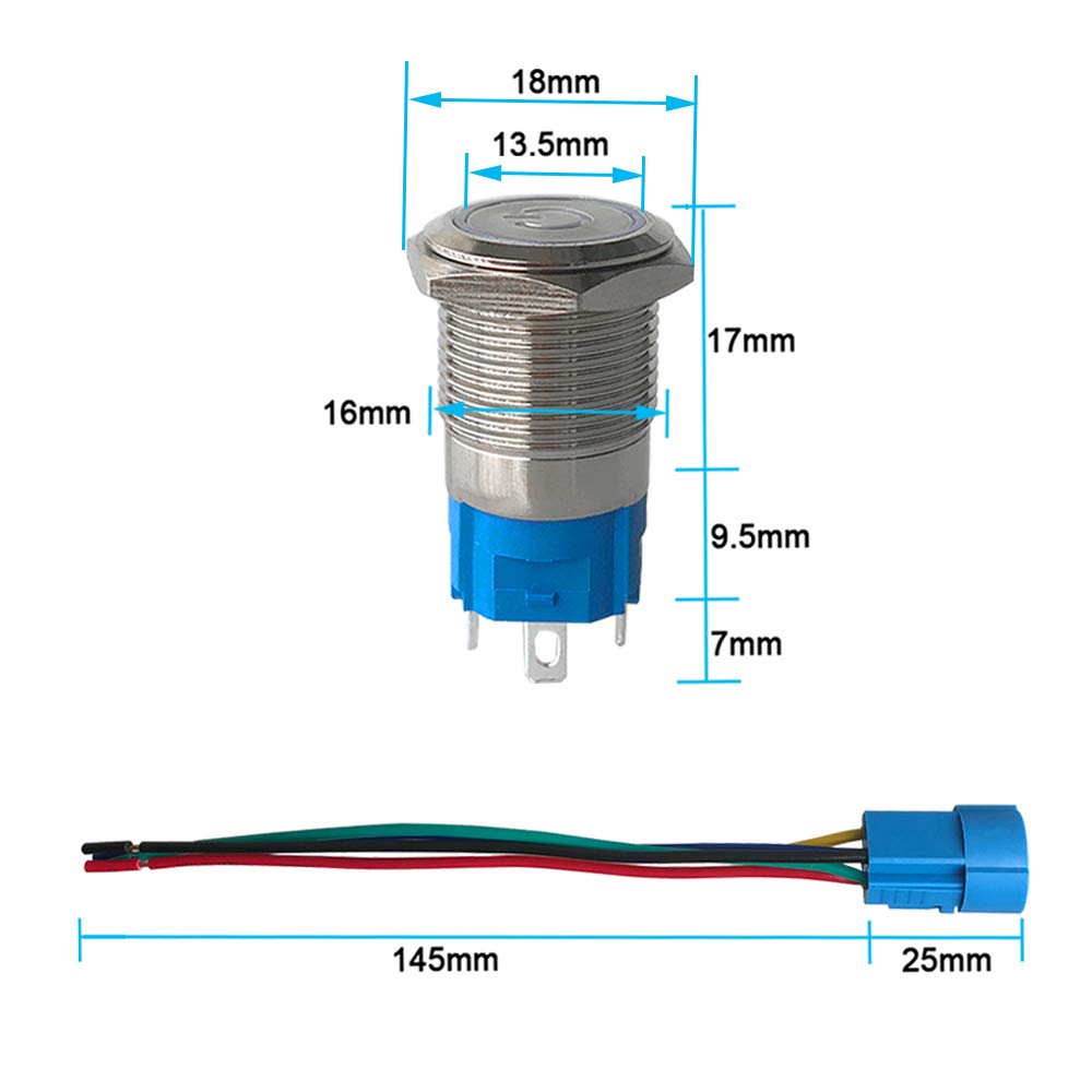 Image secondaire de QitinDasen 3Pcs Premium 12V / 24V 5A Interrupteur à Bouton-Poussoir Auto-Bloquant, Commutateur Bouton-Poussoir 16mm, Blanc LED I