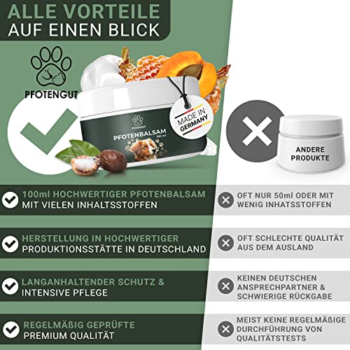 PFOTENGUT® Pfotenbalsam 100ml [Made in Germany] - Pfotenpflege für Hunde gegen trockene und Wunde Pfoten - Hochwertiger Pfotenschutz für Hunde mit Bienenwachs, Sheabutter & Aprikosenkernöl