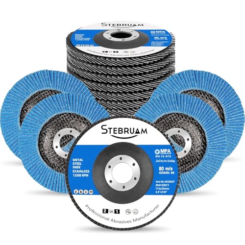 STEBRUAM 12 Pack 115mm discos de láminas, Amoladora Angular Lijado Disco 60 Grit Zirconia Muelas Discos para Pulir Soldadura Juntas Óxido de Aluminio Abrasivos Discos Tipo 29 Amoladora Discos