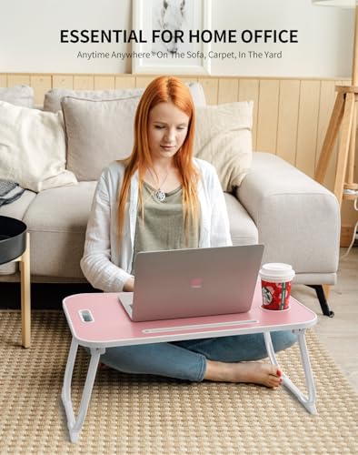 Image of ZEAPTAC Laptop Bed Desk, Foldable Lap Desk, Portable Lap Table, Laptop Stand with Cup Holder, Tablet Slot & Lifting Handle for Work, Write, Draw & Eat on Bed, Sofa or Couch - Pink