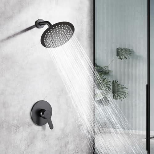 POP SANITARYWARE Matte Black Shower Faucet Set Bathroom Rainfall Shower System Wall Mounted 8 Inch Shower Head and Handle Set Single Function Shower Trim Kit with Rough-in Valve