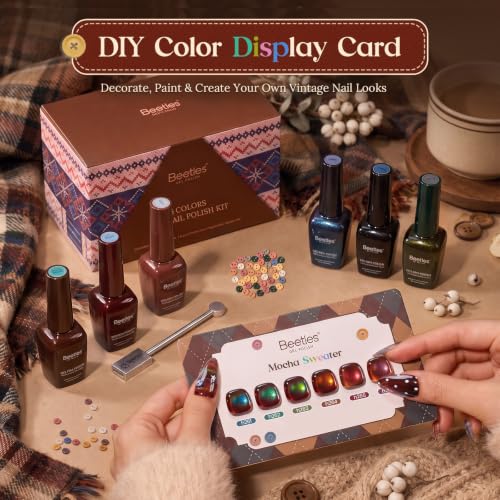 Image of Beetles Mocha Sweater Cat Eye Gel Nail Polish Set, 6 Colors 9ml Fall Gel | Brown-Based Iridescent Cat Eye Gel Kit Magnetic Effect, Button Charms & Star Stickers & Magnet, Soak Off UV Salon at Home