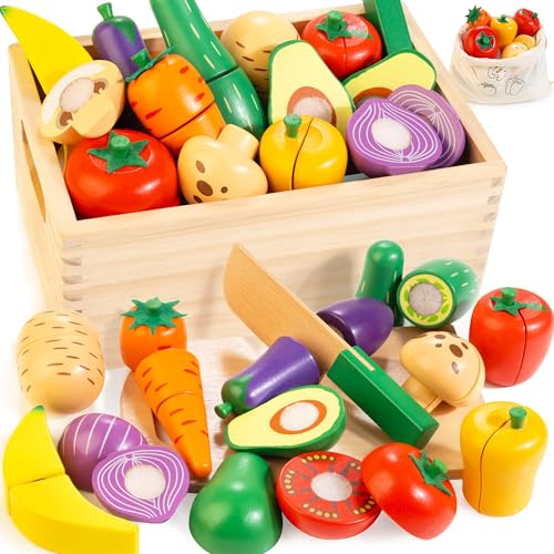 Image of Wooden Play Food Set for Kids Kitchen | Cutting Veggies & Fruits Toy Food Set with Storage Case & Bag, Play Kitchen Accessories, Pretend Play Food for Toddlers 3+