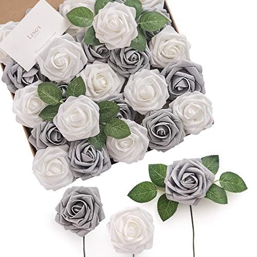 Ling's Moment Artificial Flowers Shimmer Silver Grey Roses Christmas Decor 25pcs Real Looking Fake Roses w/Stem for DIY Wedding Bouquets Centerpieces Arrangements Party Baby Shower Home Decorations