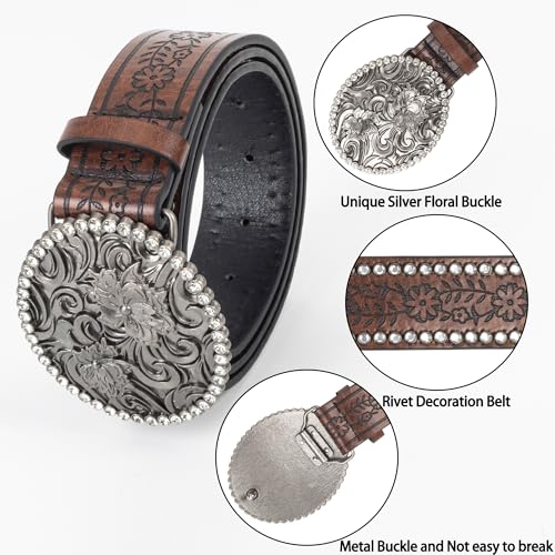 Women's Vintage-Western-Cowboy-Belt with Rhinestone-Buckle, Floral Engraved Cowgirl Belt Waist Strap for Jeans3