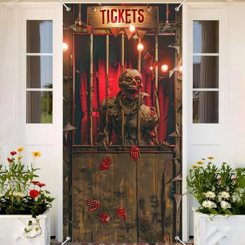Image of BlissYard Halloween Zombie Booth Door Cover 35x71 Inch Polyester | Entry Banner, Wall Backdrop | Zombie Booth Door Decor, Indoor Party Scene | Porch, Hallway, Photo Area (Night Art)