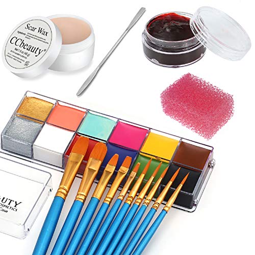 CCbeauty 12 Color Face Paint (5.64Oz),Stage Special Effects Kit Wound Scar Wax (1.6Oz) + Fake Scab Blood (0.63Oz) + Spatula + 10 Brushes + 1 Stipple Sponge