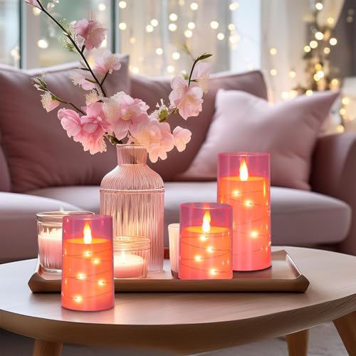 Image of Aignis Flickering Flameless Candles Battery Operated Candles LED Candles with Remote Timer for Home /Wedding /Birthday /Holiday Decor, Cherry Blossom Pink 3D Flame Set of 3 (D3 xH4 5 inch 6 inch)