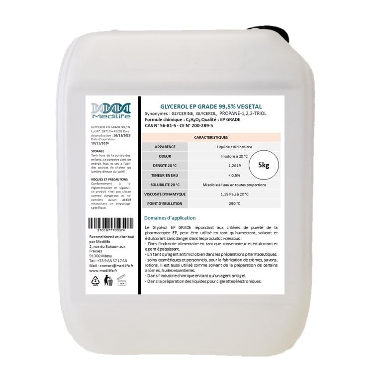 Medilife Glicerina Vegetal EP/USP, 5L (6.25kg), Pureza 99,7%, Grado Alimentario y Cosmético