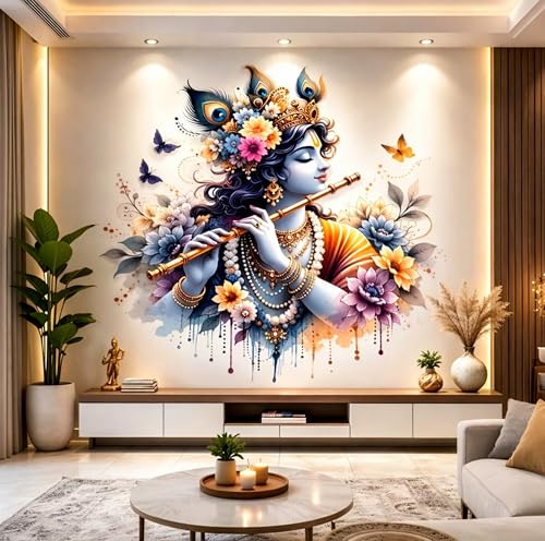 Image of Lord Krishna Playing Flute Wall Sticker, Watercolour Floral Design, Spiritual Home Decor for Pooja Room, Krishna with Flute, Bedroom, Living Room, Kids Room, 3D Decal Sticker, Extra Large Size