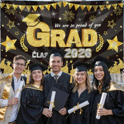 Image of Graduation Decorations, Graduation Banner 2026, Black and Gold Congrats Grad Banner, Large Class of 2026 Grad Sign, We Are So Proud of You Party Backdrop for Yard Wall Door Party Decoration 180*110cm