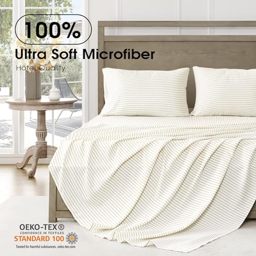 Image of FreshCulture Full Size Bed Sheets - Ultra Soft Striped Sheets - Brushed Microfiber - Deep Pockets up to 16 inch - Easy Care - Hotel Luxury 4 Piece Striped Sheets Full, Stripe Beige