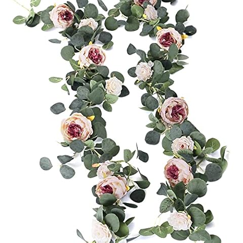 MISSPIN 2pcs Artificial Flowers Garland Eucalyptus Garland Vintage Fake Flower Peony Rose Vine Greenery Decorative Wall Hanging Plant for Wedding Arch Door Arrangement Party Decor (Vintage Pink, 2) Cover