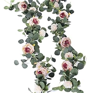 MISSPIN 2pcs Artificial Flowers Garland Eucalyptus Garland Vintage Fake Flower Peony Rose Vine Greenery Decorative Wall Hanging Plant for Wedding Arch Door Arrangement Party Decor (Vintage Pink,2)