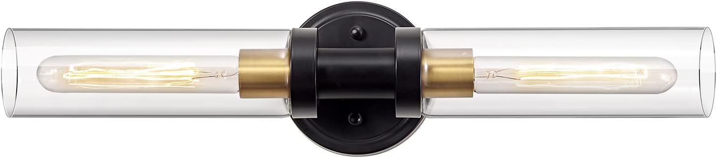 Bathroom Sconces Wall Lighting W/ Clear Glass, 2-Light Bathroom Vanity Light Fixtures, Modern Wall Lights for Mirror Living Room Hallway, Black and Gold Brushed Brass, E26 T10 Bulbs(Excluded)