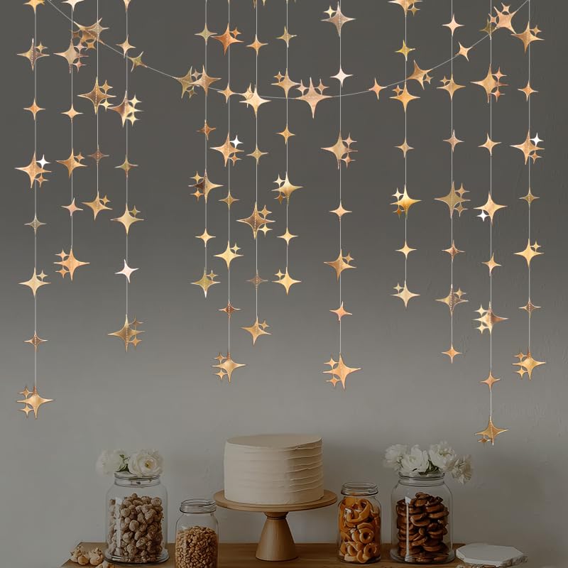 Image of Glitter Champagne Four-Angle Star Paper Garland Banner Decor 40 Feet Twinkle Champagne Star Hanging Bunting Banner Backdrop for Wedding Baby Shower Birthday Graduation Disco Party Decorations