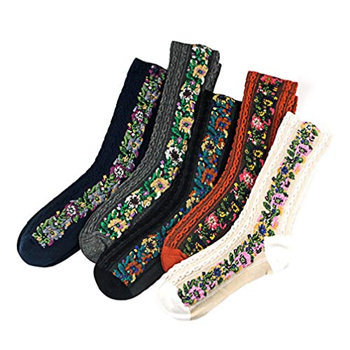 Happyyami 5 pares de meias femininas de algodão com estampa de flores, meias de cano médio, meias qu