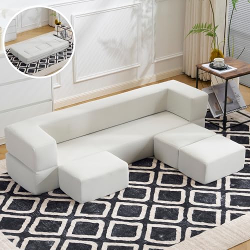 OSLEEP ソファー カウチ 完成品 5人掛け フロアソファ 圧縮梱包 高反発ウレタン ソファーベッド ロー コンパクト 肘付き オットマン付き 可愛い モダン 組み立て不要(ベージュ)