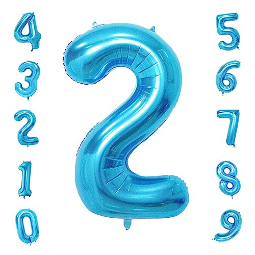 Image of Blue 2 Number Balloon, 40 Inch, Mylar Foil, for Birthday Party Decoration, Unisex, Includes Ribbon & Straw