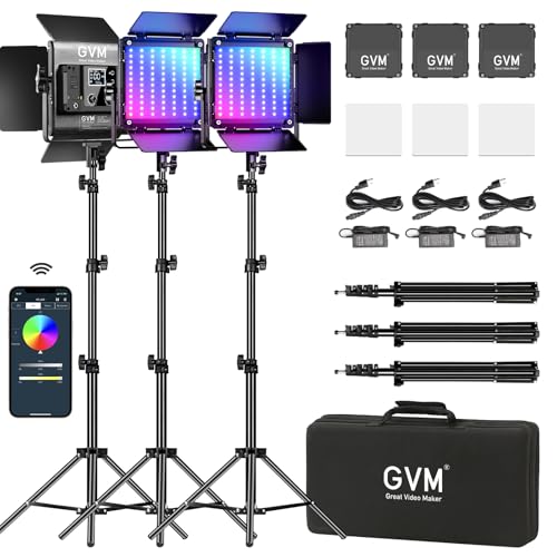 GVM - 3 Paquetes Lámpara de Vídeo LED con Trípode, 800D 40W RGB, CRI97 3200K-5600K, Luz de Vídeo...