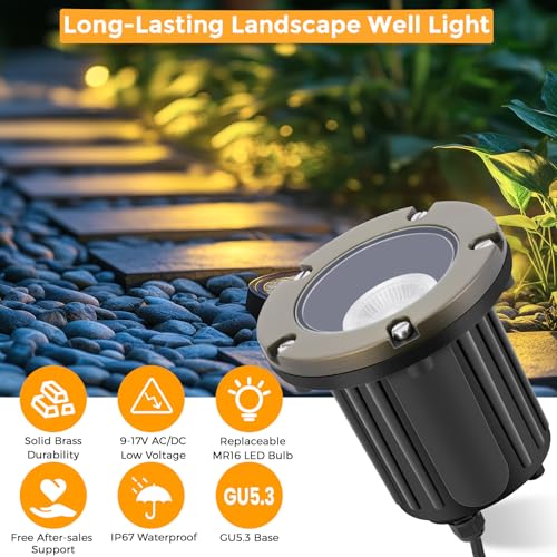 Gardencoin Brass Low Voltage Landscape Well Lights (5" Cover, 5.5" Tall), 12V LED Wired In-Ground Outdoor Up Lighting Fixture Waterproof, Adjustable Beam Direction Base, Without MR16 Bulb (12 Pack) - Image 2