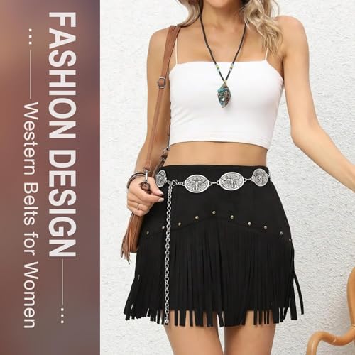 Image of WHIPPY Women Concho Chain Belt Metal Link Western Cowgirl Turquoise Chain Belt for Dress