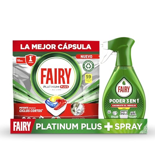Fairy Platinum Plus Cápsulas De Lavavajillas Todo En Uno Limón, 59 Cápsulas + Fairy Poder Sin Remojo Limón Spray, Vajilla y Cocina, Antigrasa, 500ml